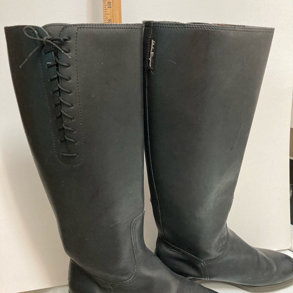 Salvatore Ferragamo Black Knee Boots with Equestrian Style Rubber